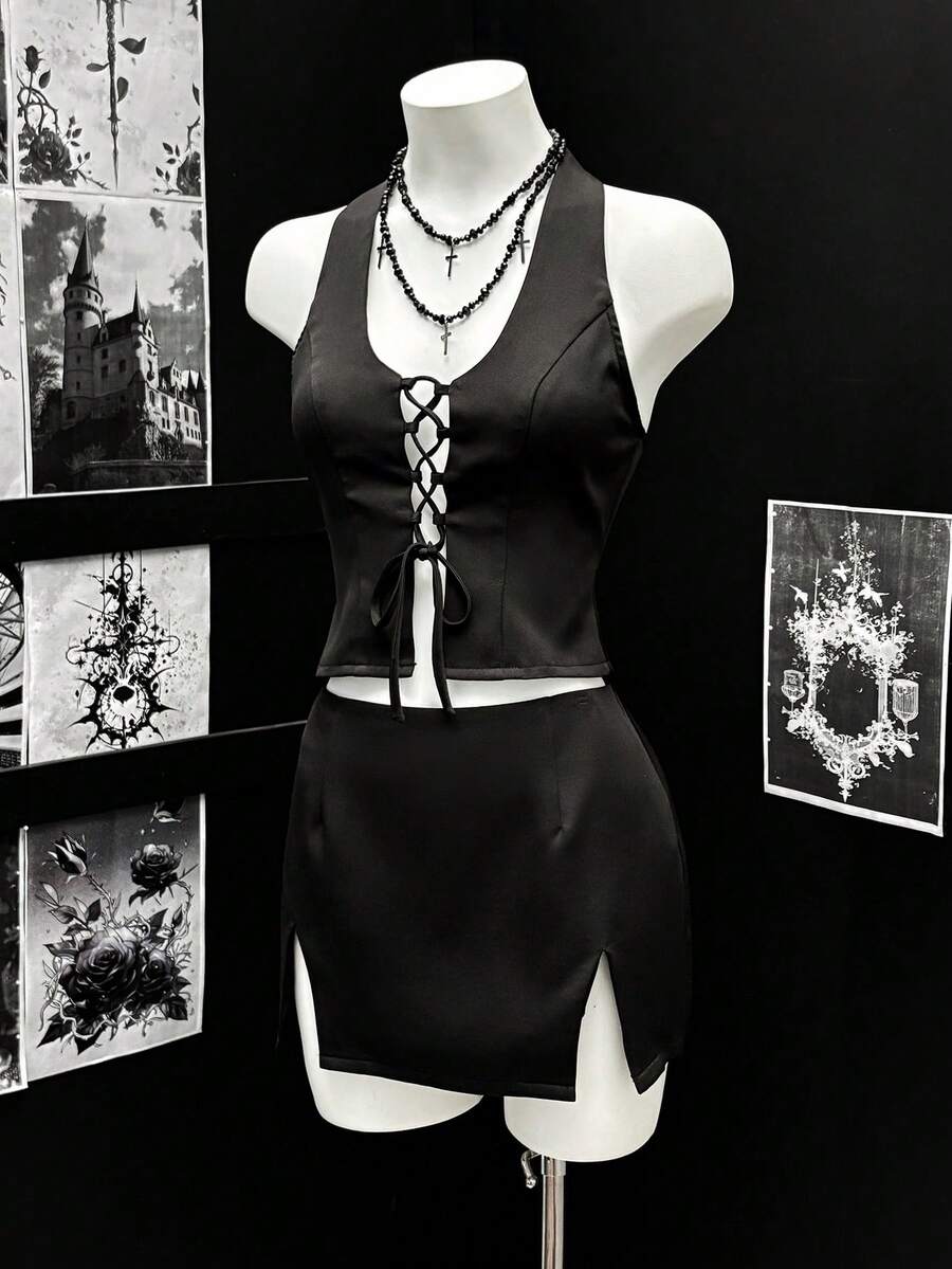 EgrlEra Conjunto de 2 peças feminino: top frente única com decote nas costas e saia com fenda. - Preto - Ver 1