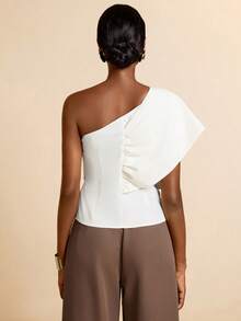 Vesra 女士纯色扭结肩部设计上衣 - 杏色 - 查看 2