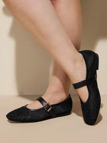 CUCCOO CURVES Women's Rhinestone Decor Buckle Design Fashion Wide Fit Flat Shoes For Christmas Valentine's Day - Black - View 3