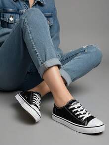 tenis hombre mujer casuales de lona planos choclo unisex baratos moda con raya colores básicos 22mx 29mx confort al camina urbano casual con agujetas zapatillas urbano deportivo blanco negro - Blanco y Negro - Ver 1