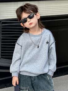 DAZY Young Boy Pentagram Print Loose Fit Crew Neck Drop Shoulder Long Sleeve Sweatshirt - Grey - View 4