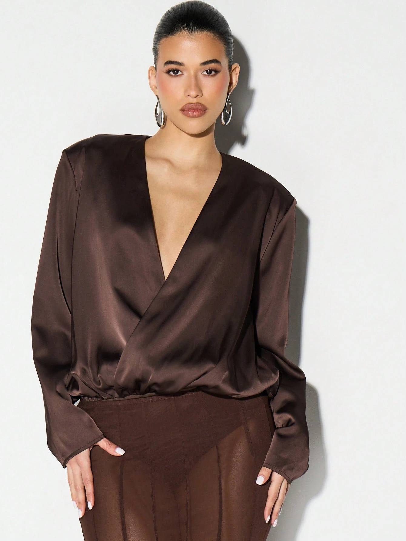 KIZN Satin V Neck Wrap Bodysuit With Shoulder Pads