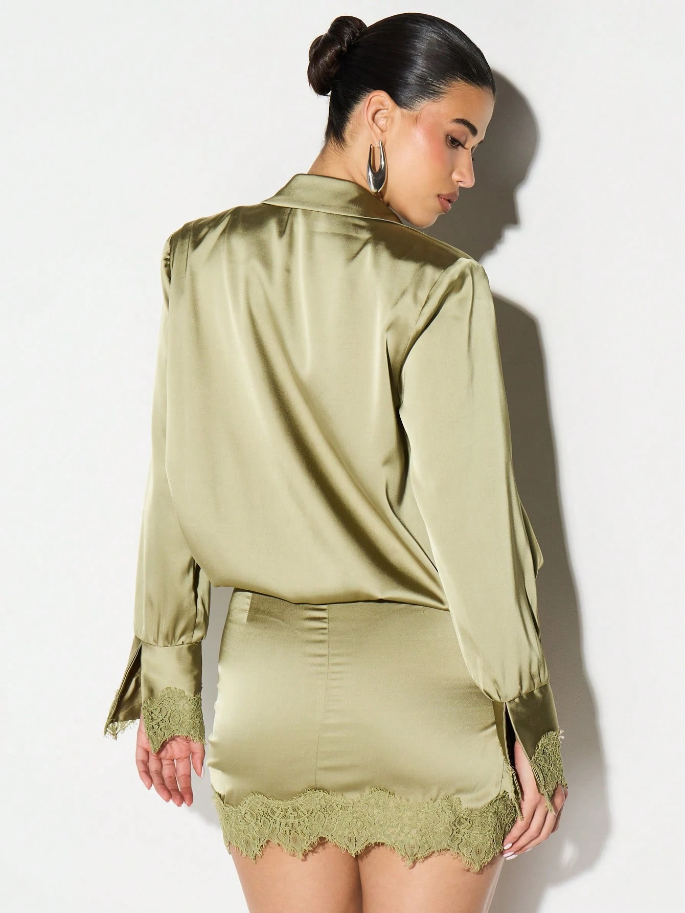 KIZN Satin Plunge Neck Mini Dress With Lace Trim