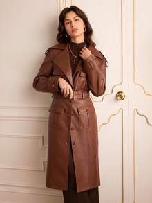Lilora Áo khoác dáng dài tay cổ bẻ kiểu vintage mới dành cho nữ, thắt lưng và có khóa chữ D, kiểu dáng thanh lịch, ôm sát, thích hợp cho mùa thu/đông. Áo khoác dáng dài mùa đông cho nữ, chống gió và giữ ấm bằng chất liệu PU, phong cách vintage, dự tiệc, ngày lễ tình nhân, thời trang đường phố, kỳ nghỉ, khách dự đám cưới, tiệc tùng, năm mới, màu nâu, da, phong cách miền Tây, cổ điển. - màu nâu - Xem 7