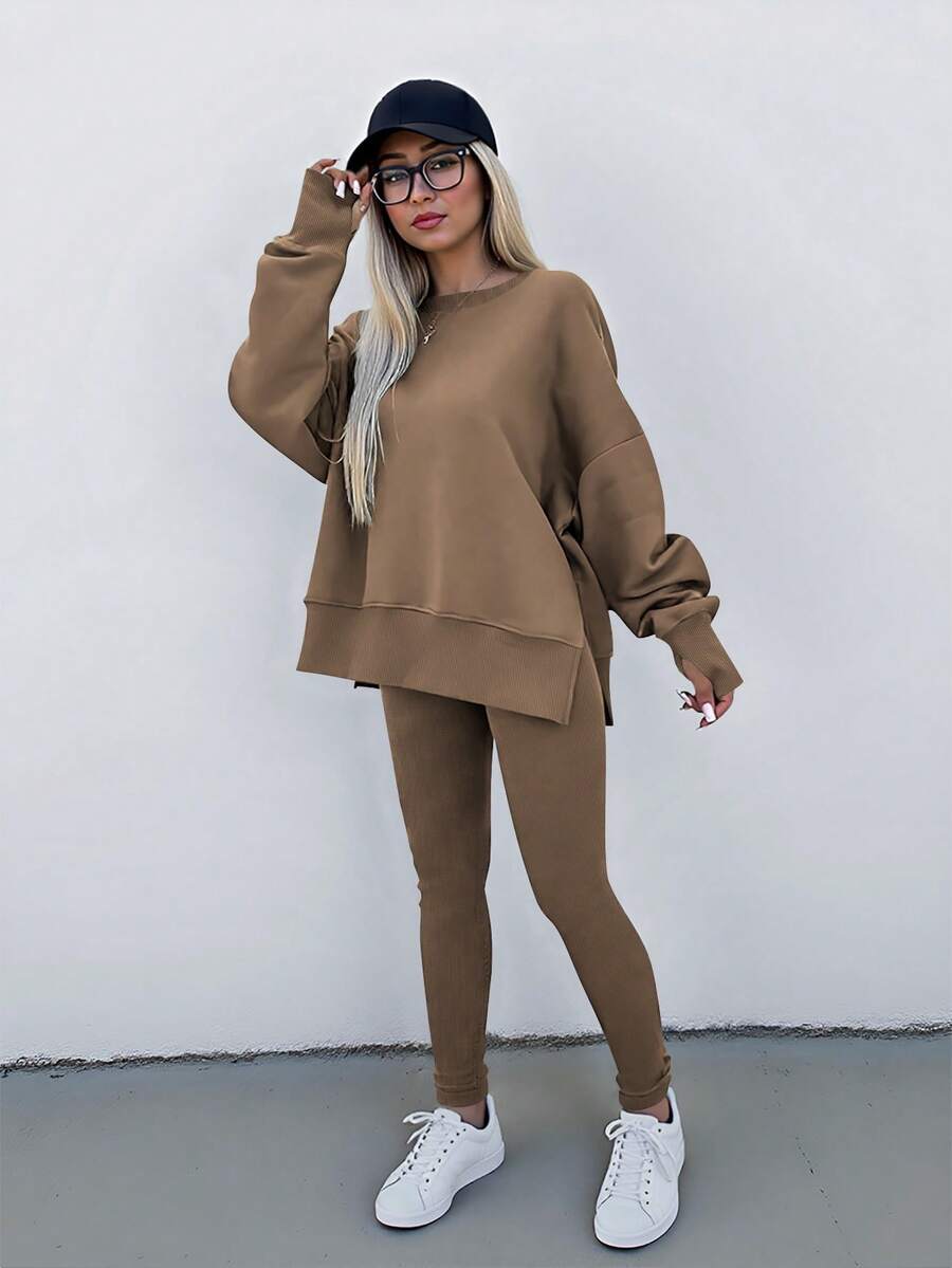 INAWLY Bộ 2 món áo hoodie và quần legging xẻ tà màu trơn thường ngày cỡ lớn, mùa thu/đông - Màu Khaki - Xem 1