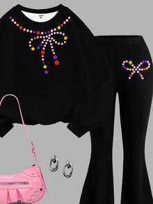 Retro Sweet Cute Bow Pattern Print, Tracksuit, Tween Girls Knit Crew Neck Letter Graphic Loose Sweatshirt And Flare Pants Casual 2 Piece Set - Multicolor - View 6
