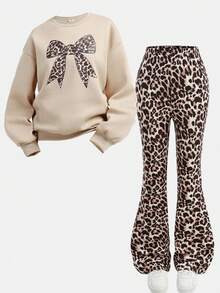 SHEIN Girlism 2pcs/Set Teen Girls' Casual Vintage Leopard Print Bow Decor Round Neck Long Sleeve Sweatshirt And Leggings, Khaki, Suitable For Autumn/Winter, New Streetwear, Punk, Vintage, Back To School Outfit - Khaki - View 3