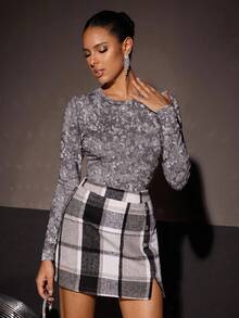 Glamance Vecteezy Tricou damă cu mânecă lungă, model la modă, cu guler rotund și imprimeu cu paiete - Argint - Vizualizare 4