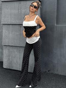 SHEIN ICON Women's Black & White Contrast Mesh Polka Dot Women's Camisole Top And Ruched Waist Flare Pants 2 Pieces Set Ruched Top Square Neck Tops Polka Dot Topcasual Outfit For Women - Black and White - View 3