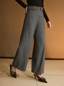 MOTF PREMIUM HERRINGBONE BUCKLE DETAIL ZIP BACK WIDE LEG PANTS - Black - View 5