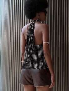 Lumivelle Chiffon Polka Dot Pattern Fitted Metal Button Halter Neck With Large Bow At The Back, Open Back A-Line Silhouette, Elegant, Sexy, Glamorous, Romantic, Simple Spring/Summer Women's Camisole, Black And White Polka Dot Casual Vacation Style. - Black - View 2