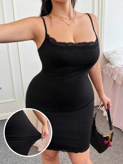 CovetEZ Plus Size Women Casual Sexy Home Style Fitted Spaghetti Strap Lace Trim Dress Dress With Lace Trim Tight Black Dress Shapewear Dress Black Bodycon Dress Black Sexy Dress