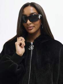 BABYPHAT Áo khoác bomber lông thú giả cỡ lớn có mũ trùm đầu, khóa kéo toàn bộ và cổ tay bo gân cho thời trang mùa đông thu đông - màu đen - Xem 3