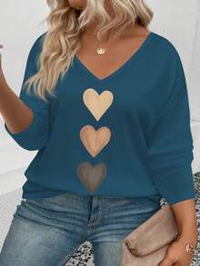 EMERY ROSE Women's V-Neck Cuff Sleeve, Best-Selling Ombre Heart Print Casual Versatile Long Sleeve T-Shirt - Teal Blue - View 3