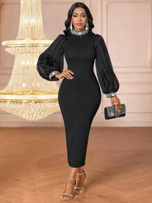 SHEIN Lady Women's Black Knitted Fitted Long Dress With Stand Collar And Sequin Embellished Puffed Sleeves - Black - View 5
