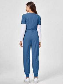 TaskEZ Solid Color V-Neck Short Sleeve Top And Waist-Tie Pants Healthcare Scrub Uniform Set - Blue - View 2