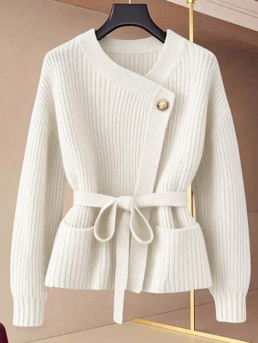 GlowEve Nuevo cárdigan de cuello en V para mujer, estilo europeo y americano con bloques de color, versátil, top de punto de moda minimalista - Albaricoque - Ver 1