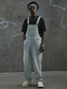 Manfinity EMRG Men's Casual Washed Cross Rhinestone Decor Denim Bib Overalls Boyfriend & Husband Comfortable Regular Washed Blue OVERSIZE Vacation Party For Cargo Overalls