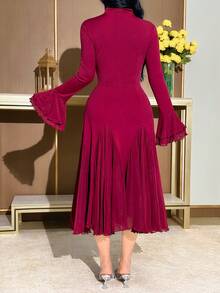 Modelyn Women's Elegant Party Stand Collar Hollow Out Flare Sleeve Midi Dress Party Outfit - Burgundy - View 3