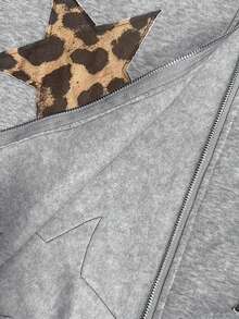 INAWLY Women's Drop Shoulder Zip-Up Hooded Leopard & Star Print Casual Sweatshirt - Grey - View 4