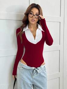 SHEIN EZwear 休闲简约修身白色领连体衣，搭配酒红色罗纹领口，二合一衬衫领连体衣，女士百搭款式，适合办公室穿着，秋冬季 - 酒紅色 - 查看 7