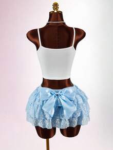 Amplova Women's Mini Skirt With Detachable Bow At Back, Super Low Waist Cute Solid Blue Sexy Ruffle Hem - Blue - View 10