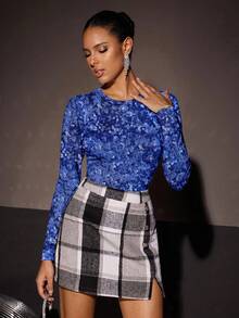 Glamance Vecteezy Maglietta aderente da donna a maniche lunghe con scollo tondo e stampa con paillettes - Blu - Visualizzare 4