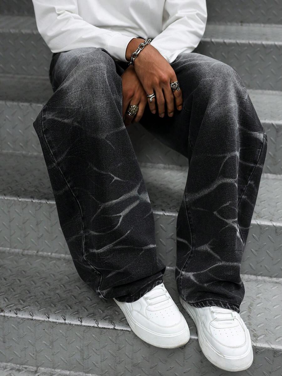 PAVTROS 男士时尚宽松休闲百搭直筒牛仔裤 - 黑色 - 查看 1