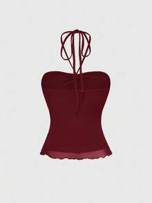 ROMWE Kawaii Women's Y2K Patchwork Ruffle Pleated Halter Neck Camisole - Burgundy - View 2