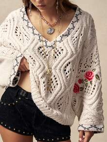 Bohemela Boho Autumn/Winter Women's Vintage Floral Embroidery Hollow Out V Neck Long Sleeve Loose Knit Sweater, Western Country Style Concert Party, Suitable For Beach Vacation & Daily Wear & Back To School & Going Outs, New Year Clothes, Valentines Clothes, 2000s Clothes, Summer Holiday Outfits, Beach Outfit, Winter/Spring