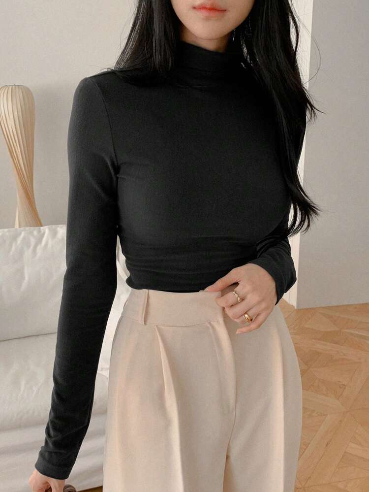 Damen Rollkragen Figurbetontes Fleece T-Shirt, Neue Herbstkollektion Langarm Damen Tops, Herbst Damenkleidung