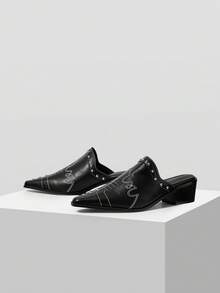 Mnmlis Sepatu Mules Hak Tinggi Ujung Lancip Berhiaskan Stud untuk Wanita, Cocok untuk Natal. - Hitam - View 8