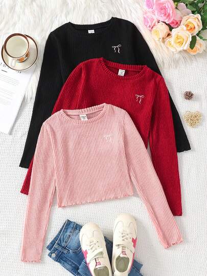 SHEIN 3件套少女休闲舒适圆领套头短款T恤，带刺绣蝴蝶结设计