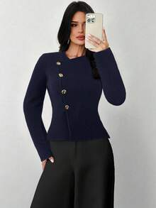 Firerie Women's Deep Floral V-Neck Metal Button Front Long Sleeve Sweater Top, Everyday Commute Knitwear, New Arrival For Spring, Autumn & Winter,Fall,Fall Clothes For Women,Winter Clothes For Women,Sweaters For Women - Navy Blue - View 3