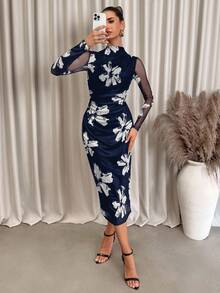 Lavishia 女士优雅印花网纱褶皱修身腰部不对称褶皱中长连衣裙 - 藏蓝色 - 查看 3