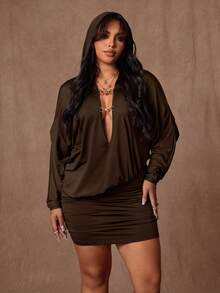 Rustia Plus Size Sexy Deep V Bodycon Hooded Dress Fall - Coffee Brown - View 4