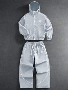 Manfinity Campus Court Aesthetic Post--Men's Minimalist Printed Hoodie And Pants Set,Streetwear,Friends,Matching,Baggy,For Men,Graphic,Japanese Style,Unisex,I Love My Girlfriend - Grey - View 1