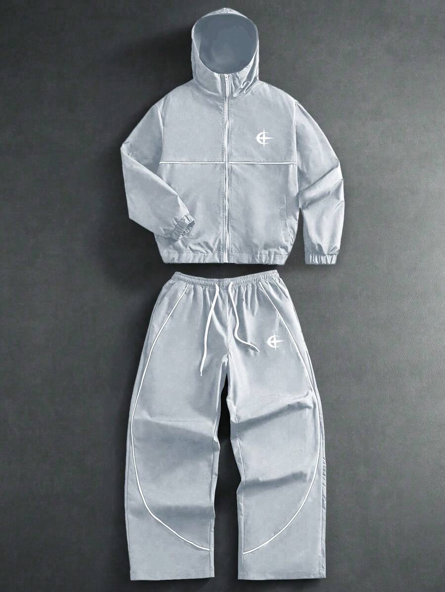 Manfinity Campus Court Aesthetic Post--Men's Minimalist Printed Hoodie And Pants Set,Streetwear,Friends,Matching,Baggy,For Men,Graphic,Japanese Style,Unisex,I Love My Girlfriend - Grey - View 1