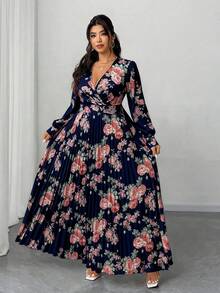 Elenzga 大码女士优雅浪漫碎花长袖V领褶皱飘逸长裙，适合派对、婚礼宾客、春秋季穿着 - 寶藍色 - 查看 5