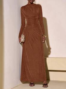 Zivah 2025 Autumn/Winter New Arrival Music Festival, Easter, St. Patrick's Day, Western, Nomadic, Birthday Party, Graduation, College Style, Student, Daily Casual, All-Match Versatile, Leisure, Cruise Travel, Beach, Sunbathing, Viral , Streetwear, Wedding Guest Boho, Commute, Brunch, Airport, Y2K, Vintage Distressed Round Neck Long Sleeve Ruched Waist Maxi Brown Shiny Dress - Redwood - View 7