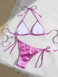 Swim Vcay Bộ đồ bơi bikini buộc dây màu trơn gợi cảm cho nữ, đi biển mùa hè - Hồng - Xem 2