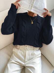 Chiquease Áo len cổ tròn dài tay trơn màu thường ngày dành cho nữ - Xanh đậm - Xem 4