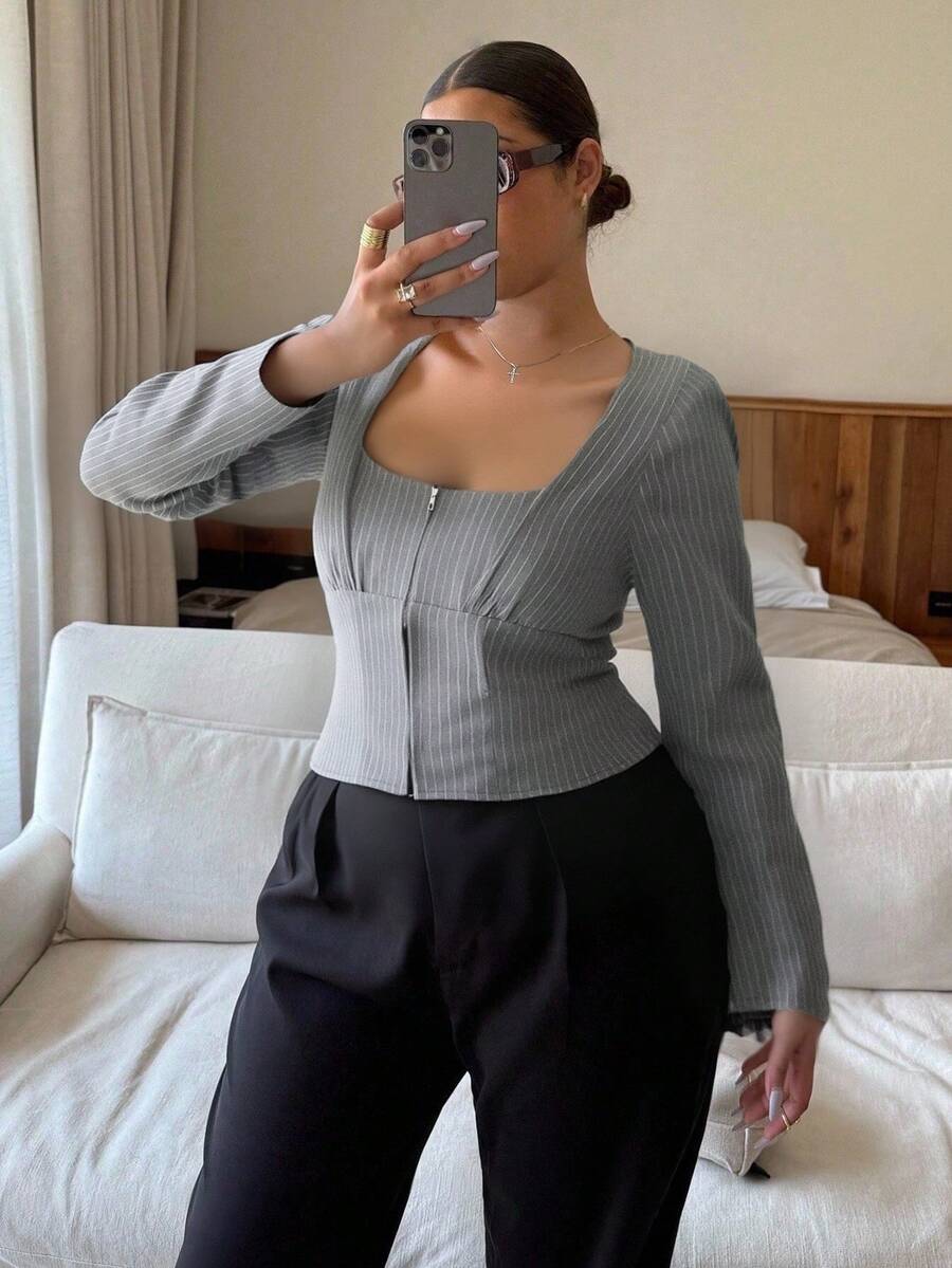 Dripcurv Plus Size Women's Winter Grey Striped Casual Square Neck Zip-Up Blazer, Simple Urban Style, Perfect For New Year's, Spring Women - Dark Grey - View 1