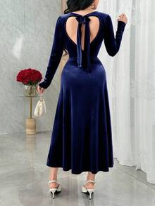 Modelyn Elegant Navy Blue Velvet Dress For Women,Autumn Long Sleeve Backless Waist Cinched New Year's Outfit,Royal Blue Dining Dress - Navy Blue - View 7