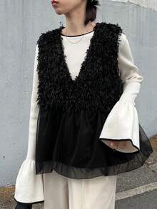 FRIFUL 女式黑色无袖拼接毛绒面料褶皱设计宽松休闲百搭分层背心，秋季 - 黑色 - 查看 6