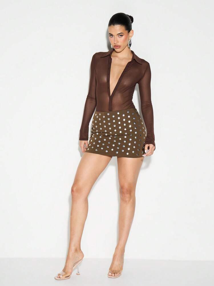 KIZN Brown Studded Mini Skirt With Metallic Circles