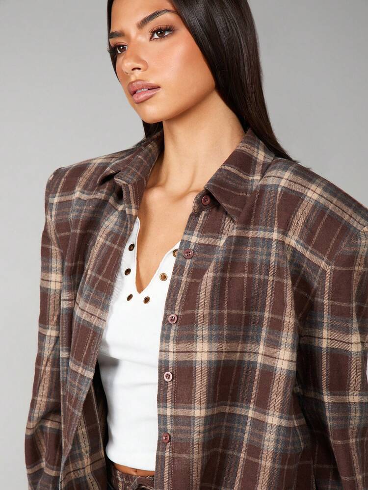 MISSGUIDED Oversized Plaid Button Down Shirt With Shoulder Pads