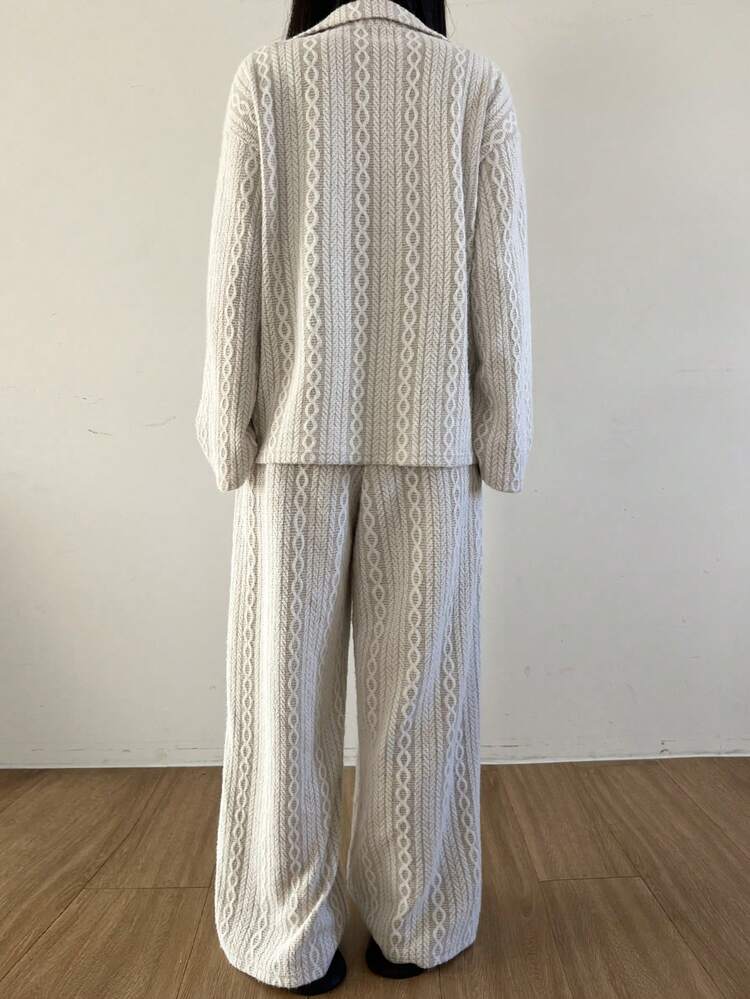 Women's Knitted Jacquard Fuzzy Twist Pattern Loose Fit Loungewear Set, Autumn/Winter