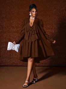 Maweii Vestido de Manga Longa com Laço Sexy e Fashionável em Cor Sólida para Mulheres Plus Size