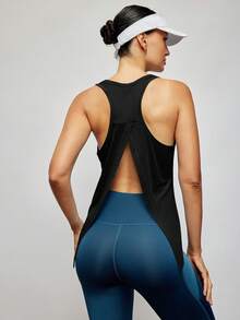 Activina Solid Split Back Sports Tank Top - Black - View 1
